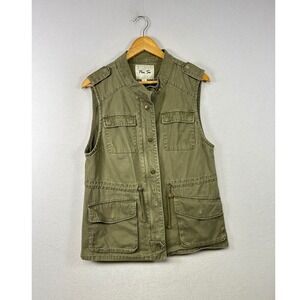 Per Se Olive Green Utility Vest Women's Size L Multiple Pockets Drawstring Waist